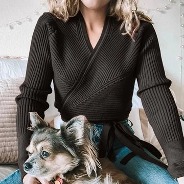 Getadme-Autumn Winter Knitted Sweater Women V-neck Slim Pullovers Sweater Ladies Wrap Sweaters Female Casual Sweater Jumper